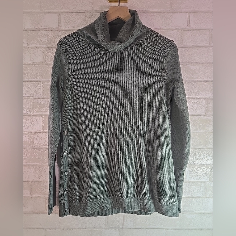 Sigrid Olsen Women’s Woven Green Pullover Sweater Button Side Cowl Neck Small - Picture 1 of 6
